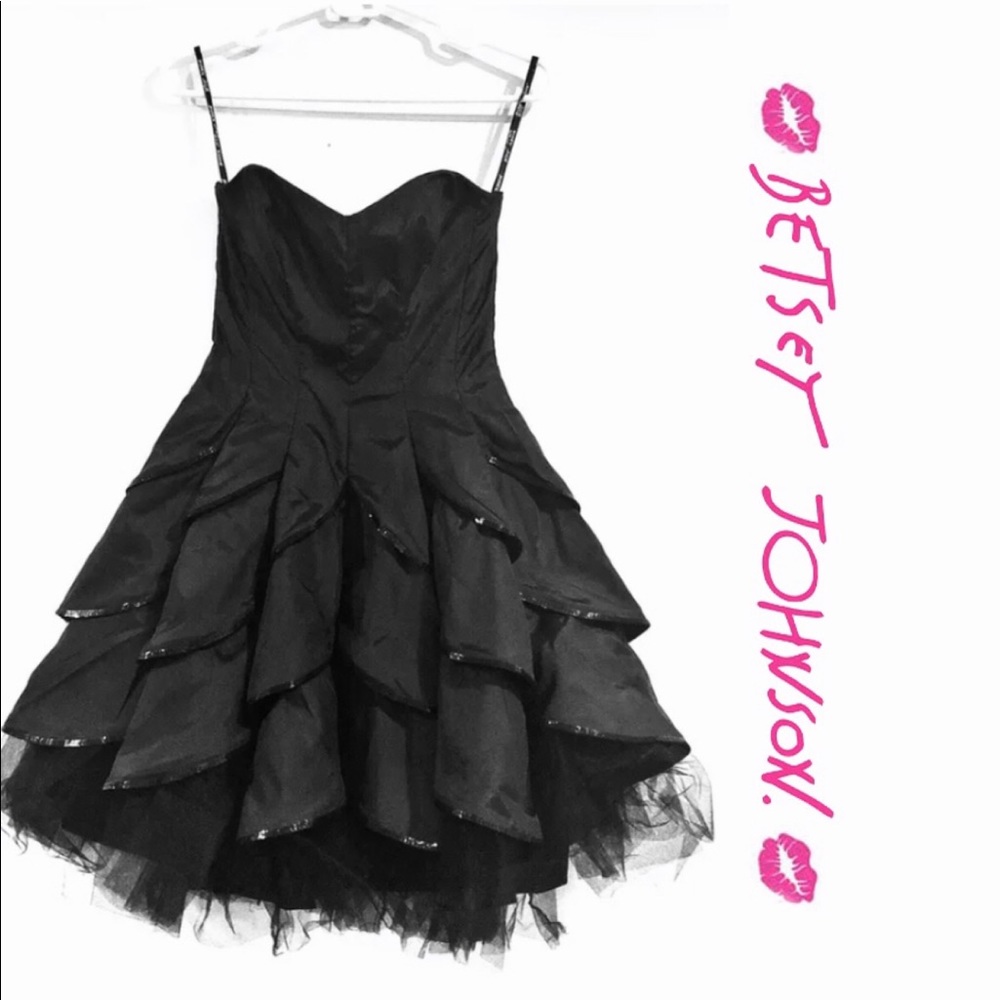 BETSEY JOHNSON Black Sequin Tulle Ruffle Dress - 0